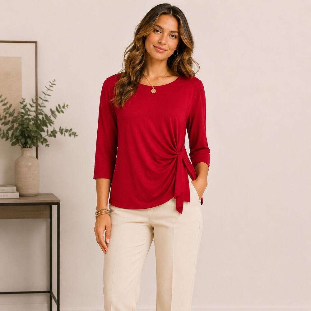 Susan Graver Liquid Knit Blouse Women's Size L Red Side Tie Office Party